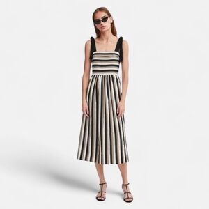 Zara Black, White & Beige Striped Midi Dress